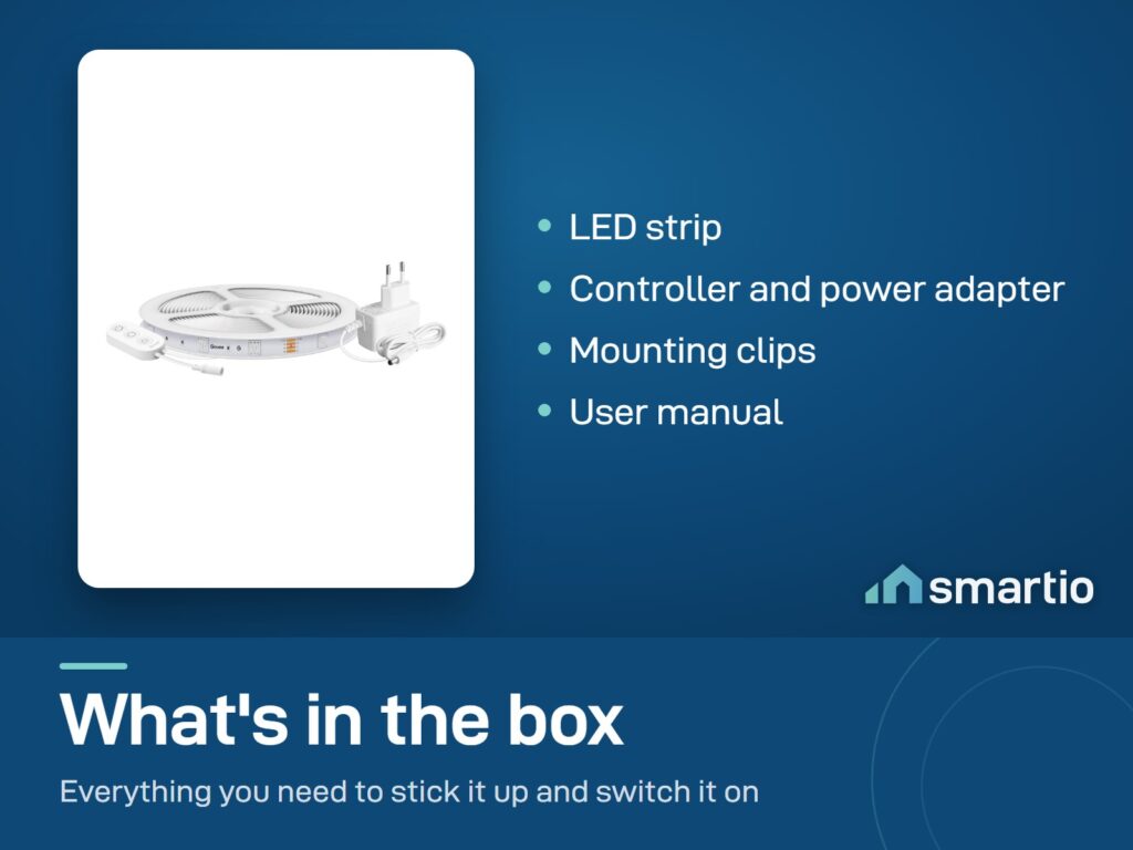 What's in the Govee RGB LED Strip Light box: strip, controller, power adapter, clips, manual