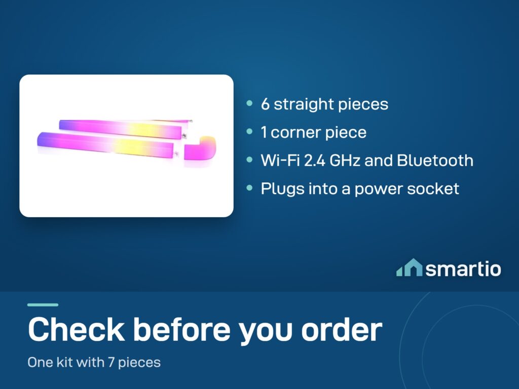 Govee Glide Wall Light kit: 6 straight pieces and 1 corner piece, Wi-Fi 2.4 GHz and Bluetooth, plugs into a power socket