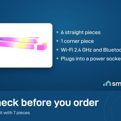 Govee Glide Wall Light kit: 6 straight pieces and 1 corner piece, Wi-Fi 2.4 GHz and Bluetooth, plugs into a power socket