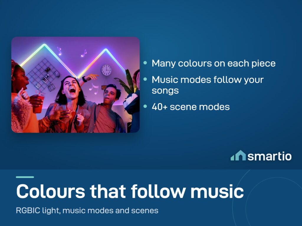 Friends laughing in front of a Govee Glide Wall Light zigzag glowing in green and pink