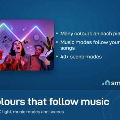 Friends laughing in front of a Govee Glide Wall Light zigzag glowing in green and pink