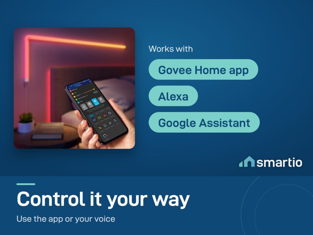 Govee Glide Wall Light glowing above a bed with the Govee Home app on a phone; works with Alexa and Google Assistant