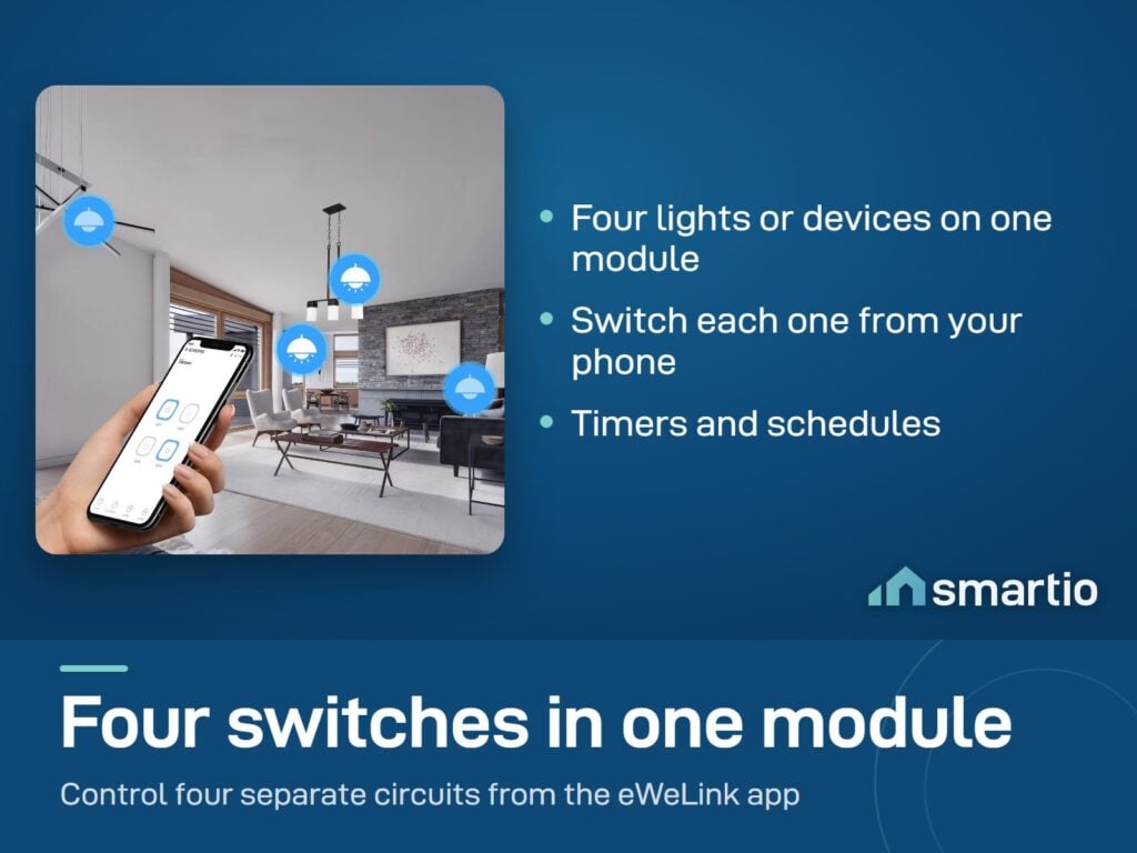 A hand holding a phone with the eWeLink app open, in a living room with ceiling lights