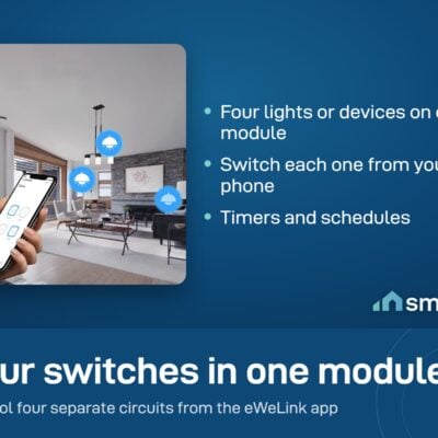 A hand holding a phone with the eWeLink app open, in a living room with ceiling lights