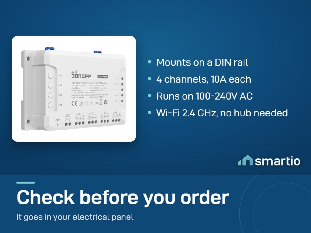 Sonoff 4CHPRO R3 module: DIN rail mount, 4 channels at 10A each, 100-240V AC, Wi-Fi 2.4 GHz, no hub