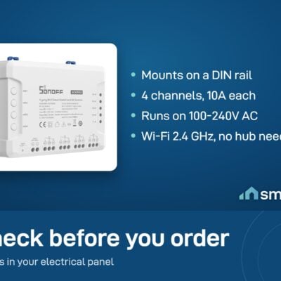 Sonoff 4CHPRO R3 module: DIN rail mount, 4 channels at 10A each, 100-240V AC, Wi-Fi 2.4 GHz, no hub