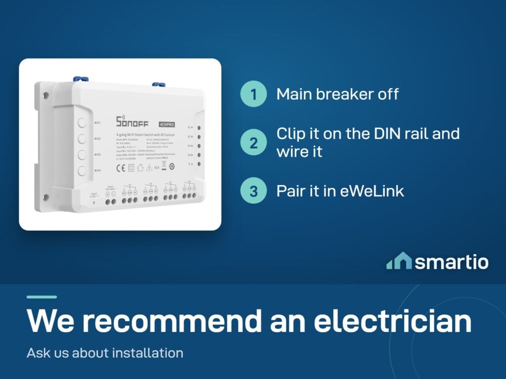 Sonoff 4CHPRO R3 install: main breaker off, clip on the DIN rail and wire it, pair in eWeLink