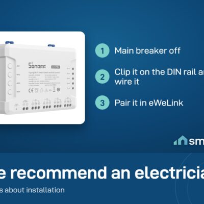 Sonoff 4CHPRO R3 install: main breaker off, clip on the DIN rail and wire it, pair in eWeLink
