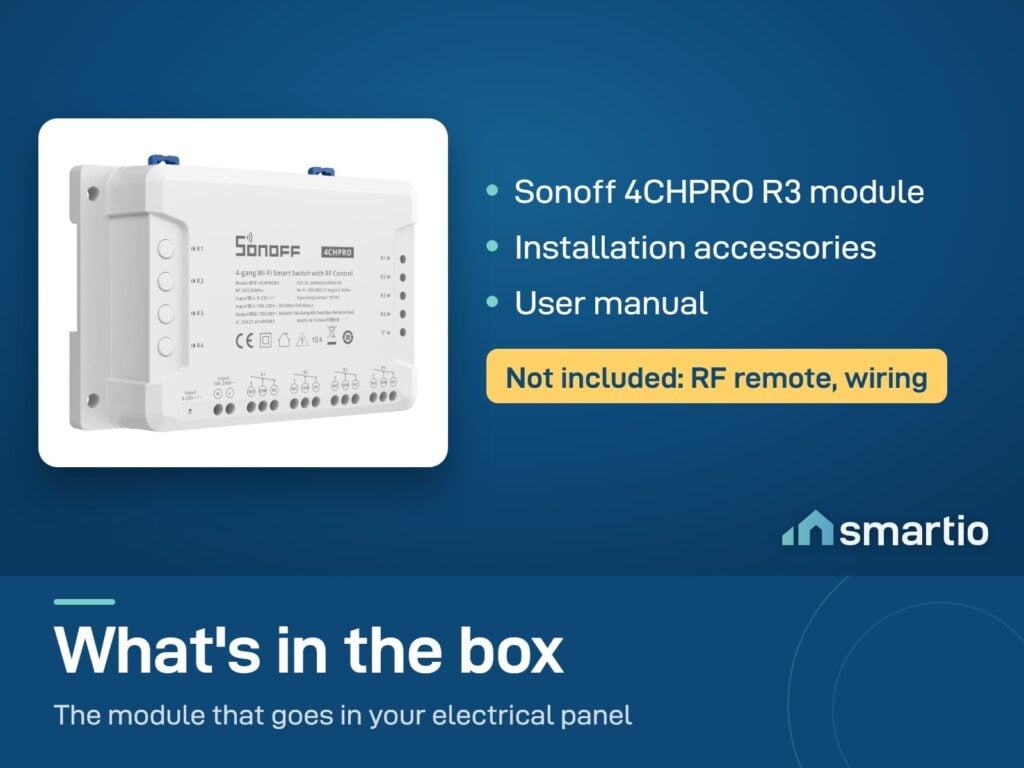 What's in the Sonoff 4CHPRO R3 box: the module, installation accessories and user manual. RF remote and wiring not included