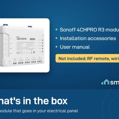 What's in the Sonoff 4CHPRO R3 box: the module, installation accessories and user manual. RF remote and wiring not included
