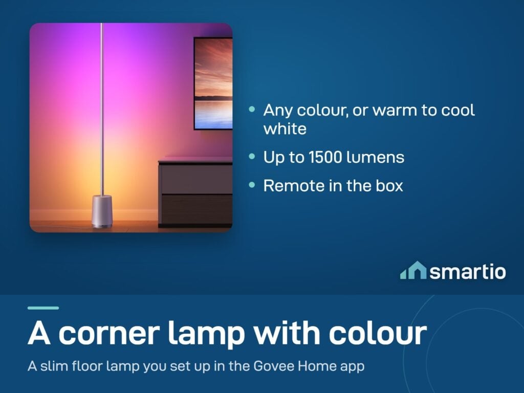 Govee Lyra floor lamp in a living room corner glowing purple; colour or white light, up to 1500 lumens