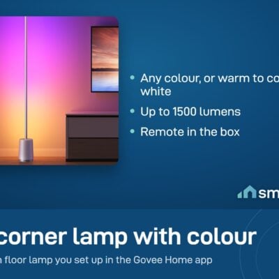 Govee Lyra floor lamp in a living room corner glowing purple; colour or white light, up to 1500 lumens