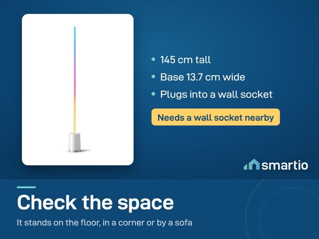 Govee Lyra floor lamp size: 145 cm tall, base 13.7 cm wide, plugs into a wall socket