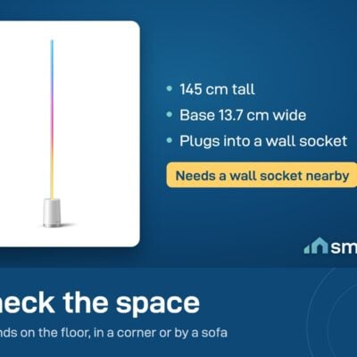 Govee Lyra floor lamp size: 145 cm tall, base 13.7 cm wide, plugs into a wall socket
