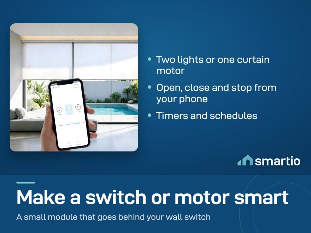 A hand holding a phone showing open, stop and close buttons, in a bright room with roller blinds and a pool
