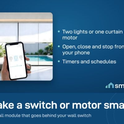 A hand holding a phone showing open, stop and close buttons, in a bright room with roller blinds and a pool
