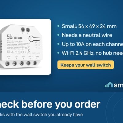 Sonoff DUALR3 module: 54 x 49 x 24 mm, neutral wire needed, 10A per channel, Wi-Fi 2.4 GHz, no hub