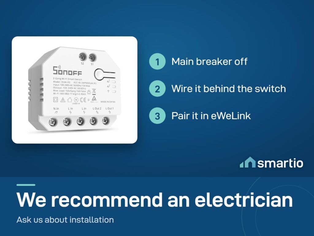 Sonoff DUALR3 module install: main breaker off, wire it behind the switch, pair in eWeLink