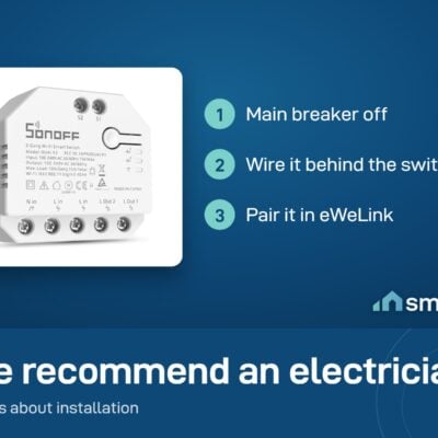 Sonoff DUALR3 module install: main breaker off, wire it behind the switch, pair in eWeLink