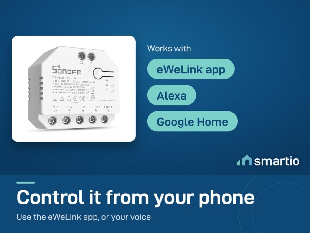 Sonoff DUALR3 module works with the eWeLink app, Alexa and Google Home