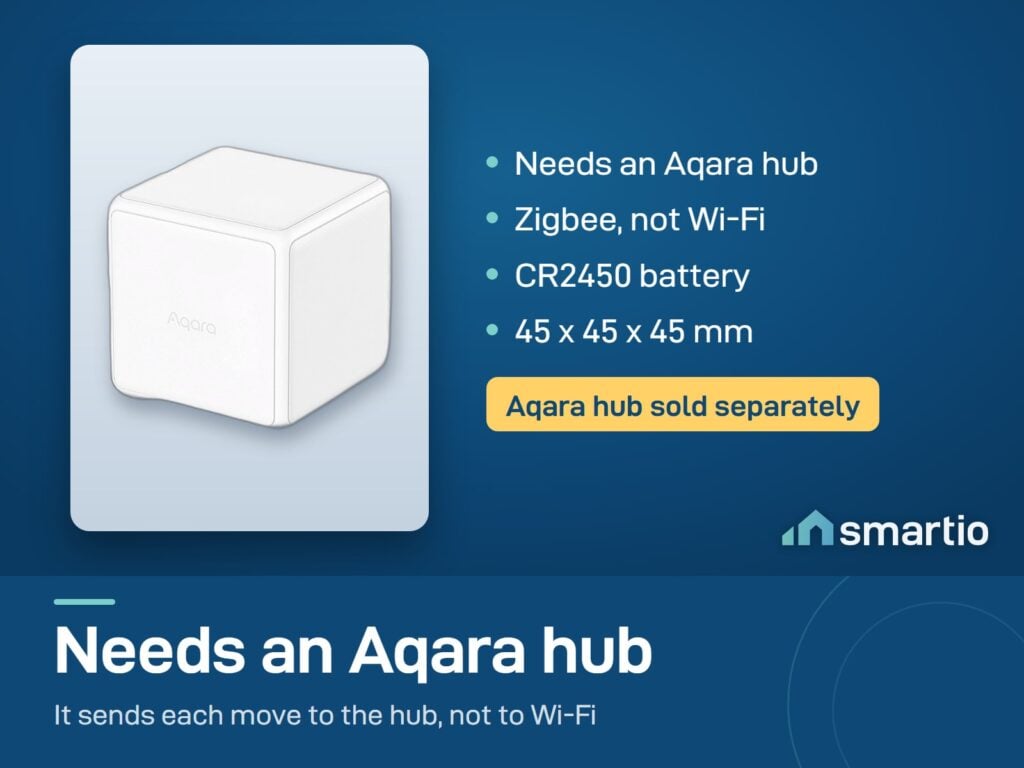 Aqara Cube uses Zigbee and needs an Aqara hub, sold separately. CR2450 battery, 45 x 45 x 45 mm