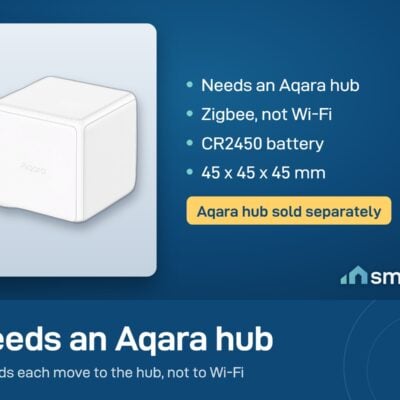 Aqara Cube uses Zigbee and needs an Aqara hub, sold separately. CR2450 battery, 45 x 45 x 45 mm