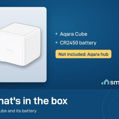 What's in the Aqara Cube box: the cube and a CR2450 battery. Aqara hub not included