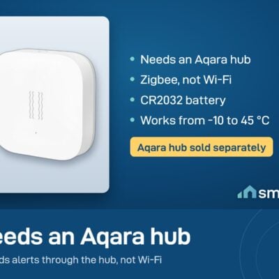 Aqara Vibration Sensor uses Zigbee and needs an Aqara hub, sold separately. CR2032 battery, -10 to 45 degrees C