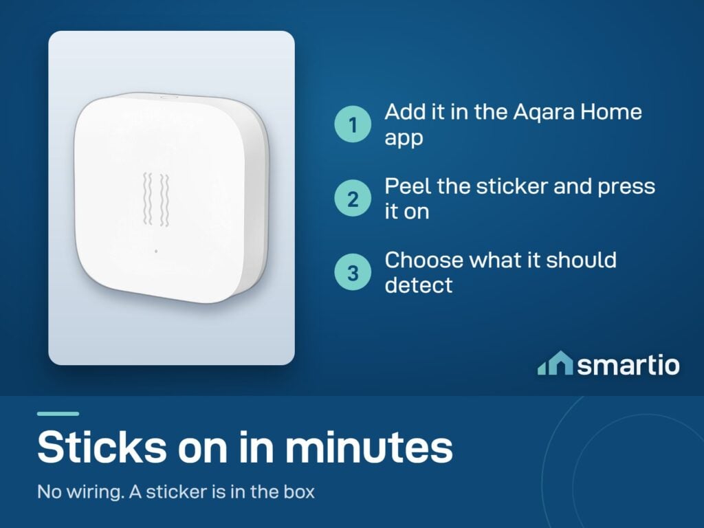 Aqara Vibration Sensor setup: add it in the Aqara Home app, stick it in place, choose what it should detect