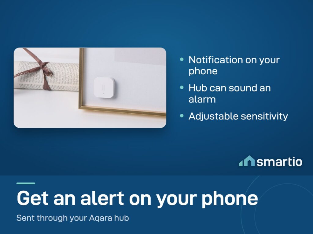 Aqara Vibration Sensor on the back of a framed picture, alerting your phone if the picture is moved
