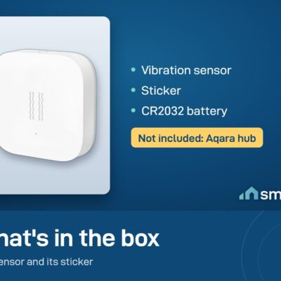 What's in the Aqara Vibration Sensor box: sensor, sticker and CR2032 battery. Aqara hub not included