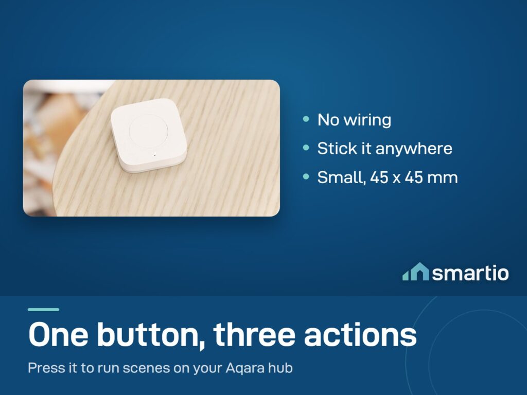 Aqara Wireless Mini Switch, a small white button, resting on a wooden table