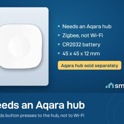 Aqara Wireless Mini Switch uses Zigbee and needs an Aqara hub, sold separately. CR2032 battery, 45 x 45 x 12 mm