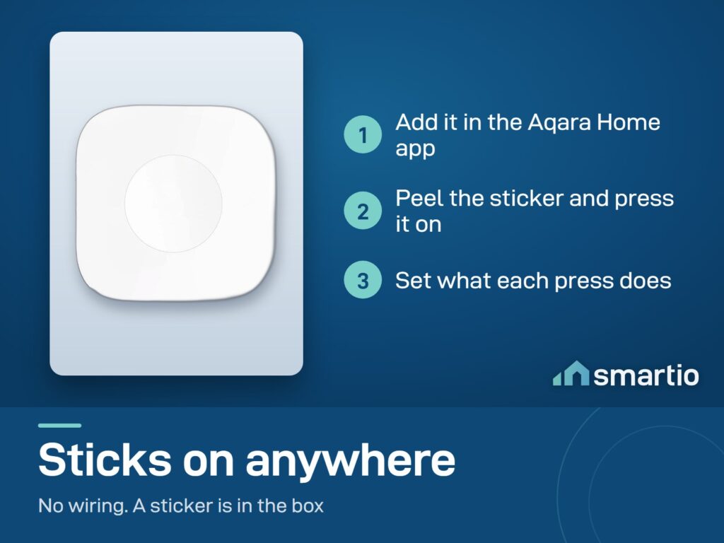 Aqara Wireless Mini Switch setup: add it in the Aqara Home app, stick it in place, set what each press does
