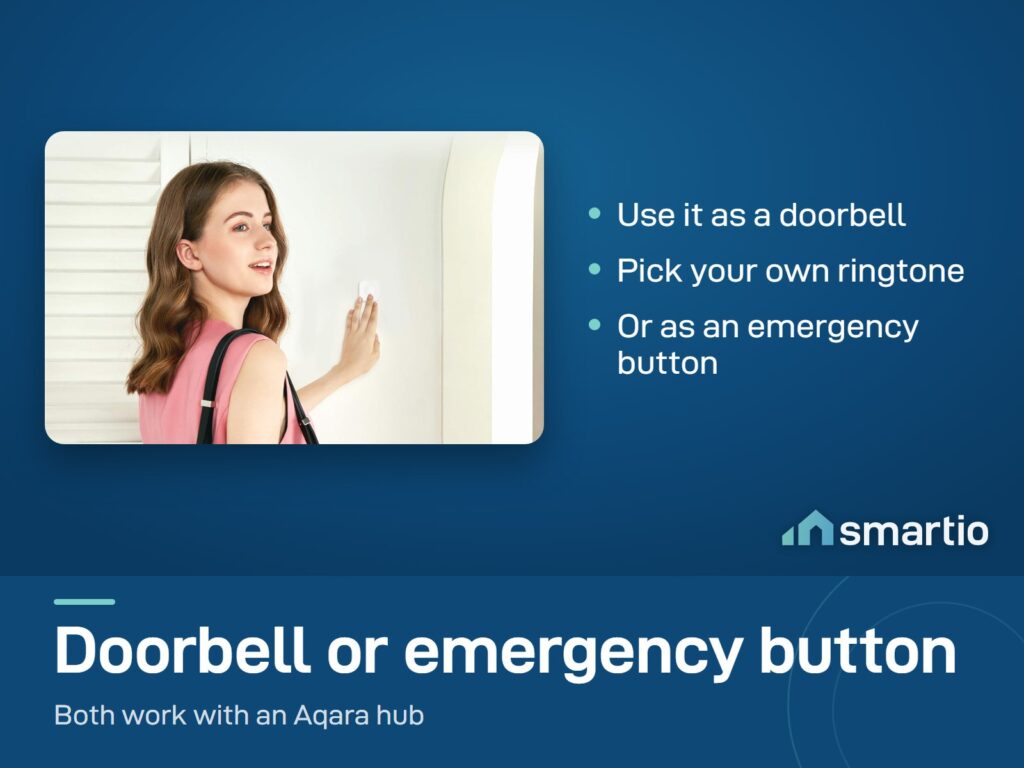 A woman pressing an Aqara Wireless Mini Switch stuck on the wall by a door, used as a doorbell