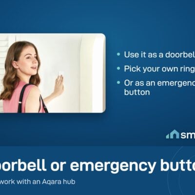 A woman pressing an Aqara Wireless Mini Switch stuck on the wall by a door, used as a doorbell
