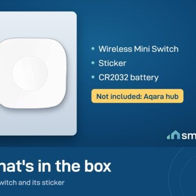 What's in the Aqara Wireless Mini Switch box: switch, sticker and CR2032 battery. Aqara hub not included