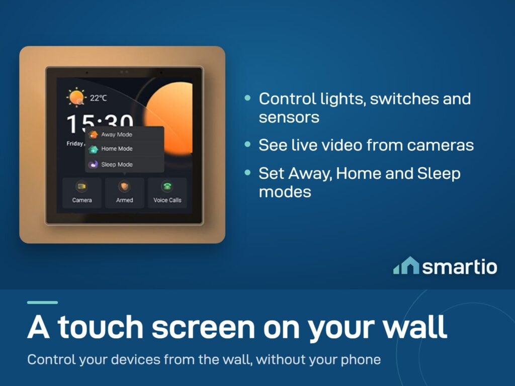 Sonoff NSPanel Pro touch screen on a living room wall, showing Away, Home and Sleep modes