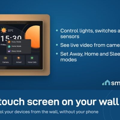 Sonoff NSPanel Pro touch screen on a living room wall, showing Away, Home and Sleep modes