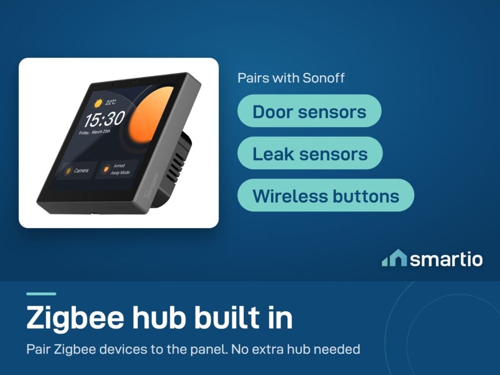 Sonoff NSPanel Pro has a Zigbee hub built in and pairs with Sonoff door sensors, leak sensors and wireless buttons