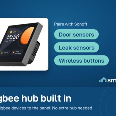 Sonoff NSPanel Pro has a Zigbee hub built in and pairs with Sonoff door sensors, leak sensors and wireless buttons