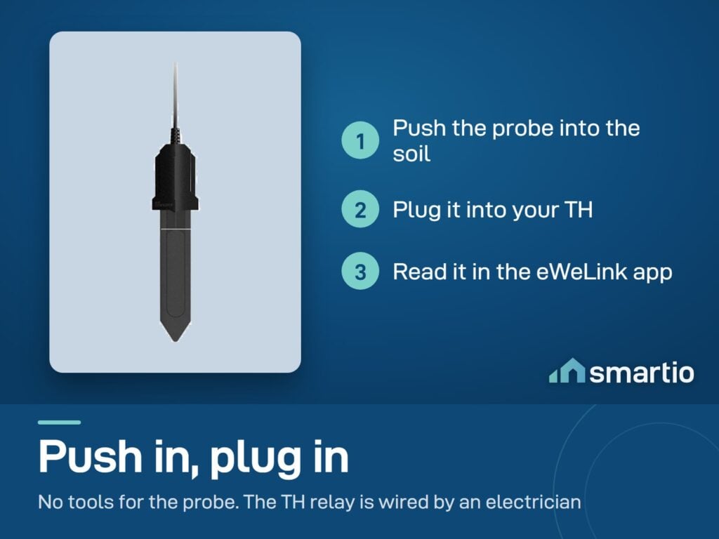 Sonoff MS01 setup: push the probe into the soil, plug it into your TH, read it in eWeLink. The TH is wired by an electrician