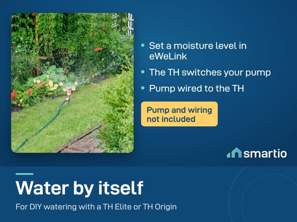Garden sprinkler watering a lawn. The MS01 probe with a TH relay can switch a pump when soil is dry. Pump not included