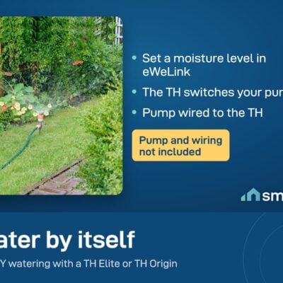 Garden sprinkler watering a lawn. The MS01 probe with a TH relay can switch a pump when soil is dry. Pump not included