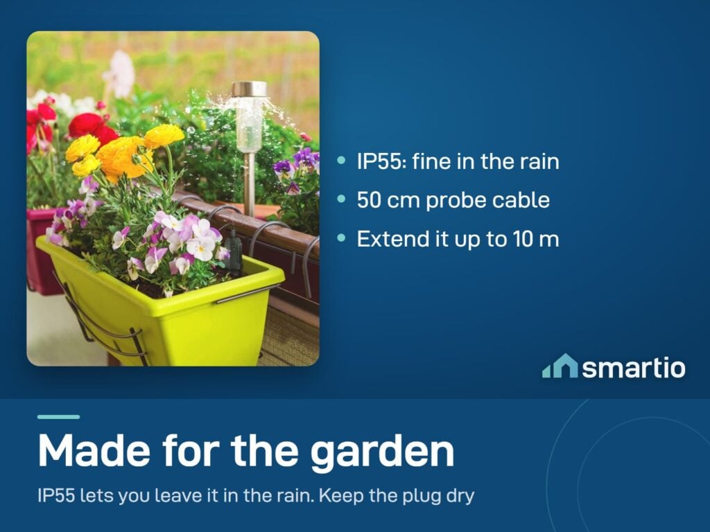 Sonoff MS01 probe in a flower box on a balcony. IP55 rated, 50 cm cable, can be extended up to 10 m