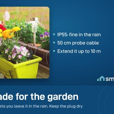 Sonoff MS01 probe in a flower box on a balcony. IP55 rated, 50 cm cable, can be extended up to 10 m