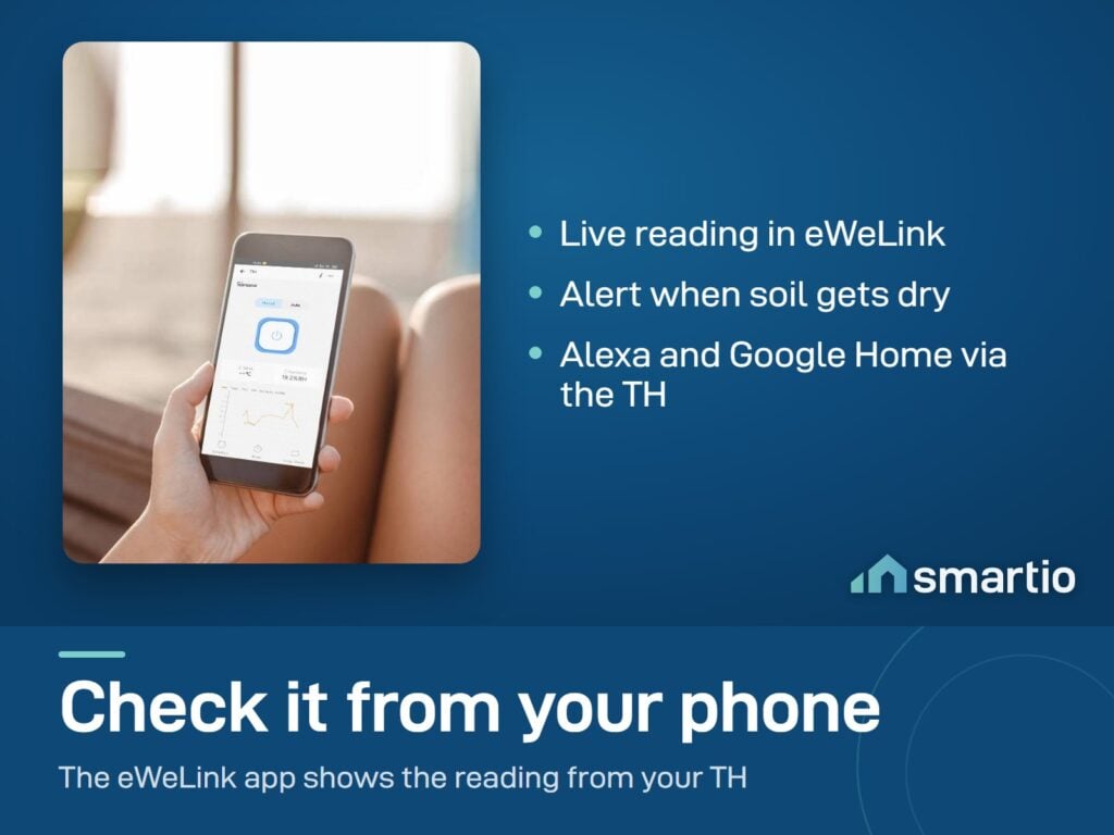 Hand holding a phone showing the eWeLink app. The Sonoff MS01 soil moisture reading shows in the app through the TH