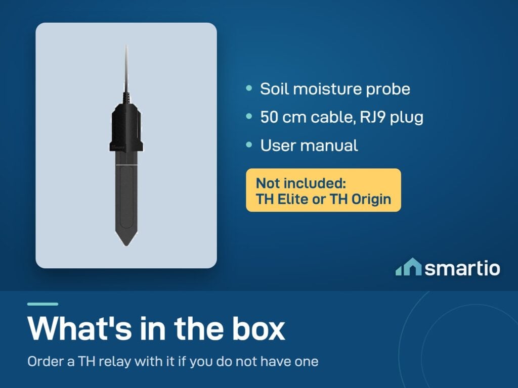 What's in the Sonoff MS01 box: soil moisture probe with a 50 cm RJ9 cable and a manual. TH Elite or TH Origin not included