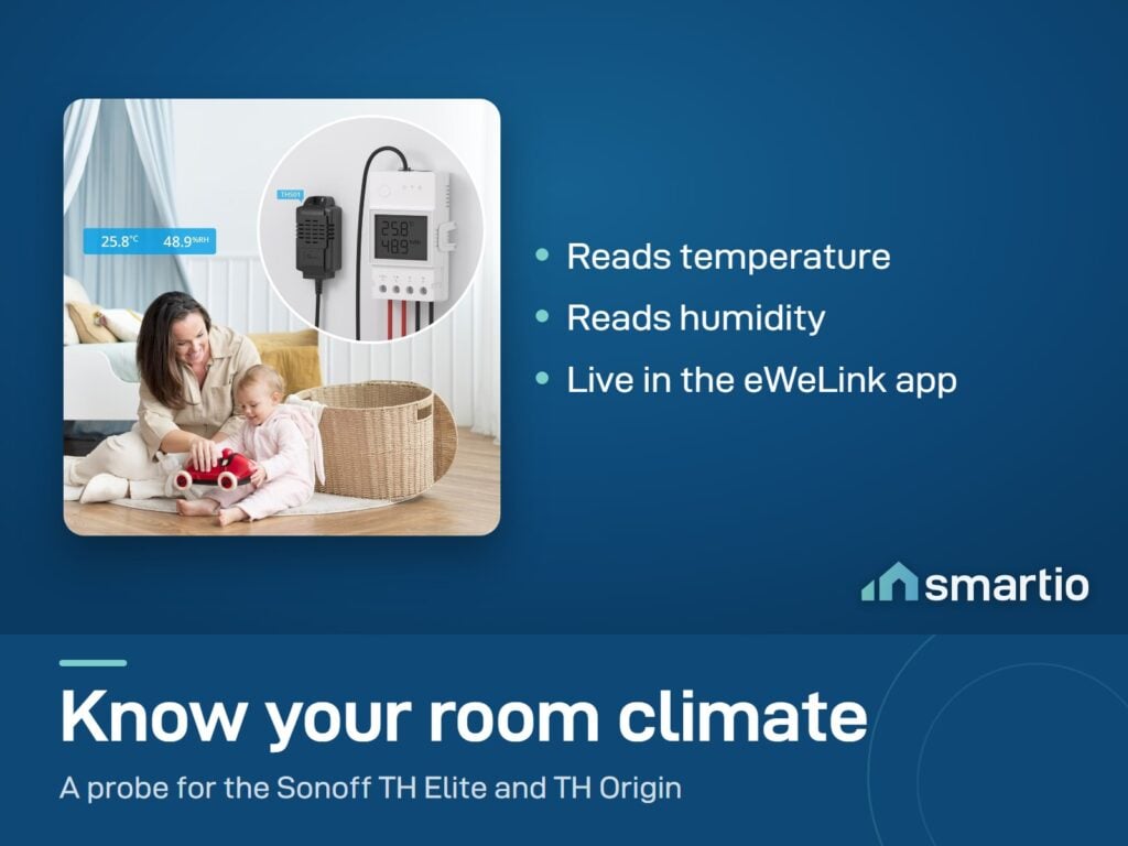 Sonoff THS01 probe plugged into a TH Elite on a wall, in a room where a mother plays with a baby