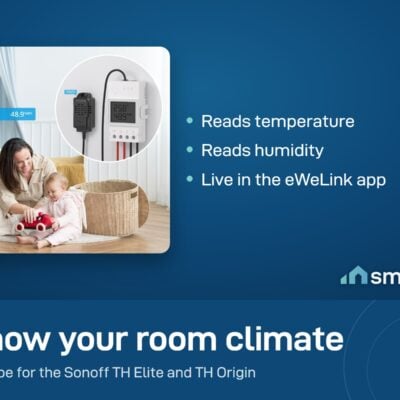 Sonoff THS01 probe plugged into a TH Elite on a wall, in a room where a mother plays with a baby